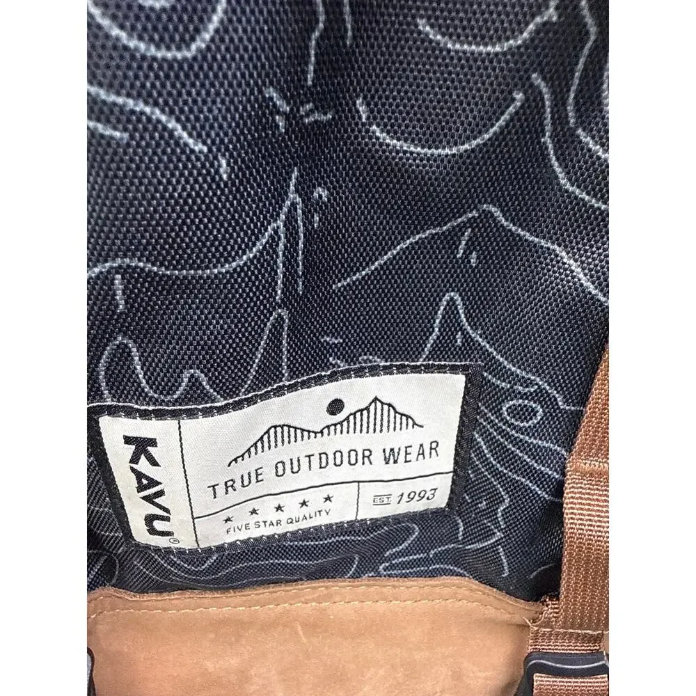 KAVU Camp Sherman Backpack Topo Print Black Gray Brown Hiking Travel Outdoor